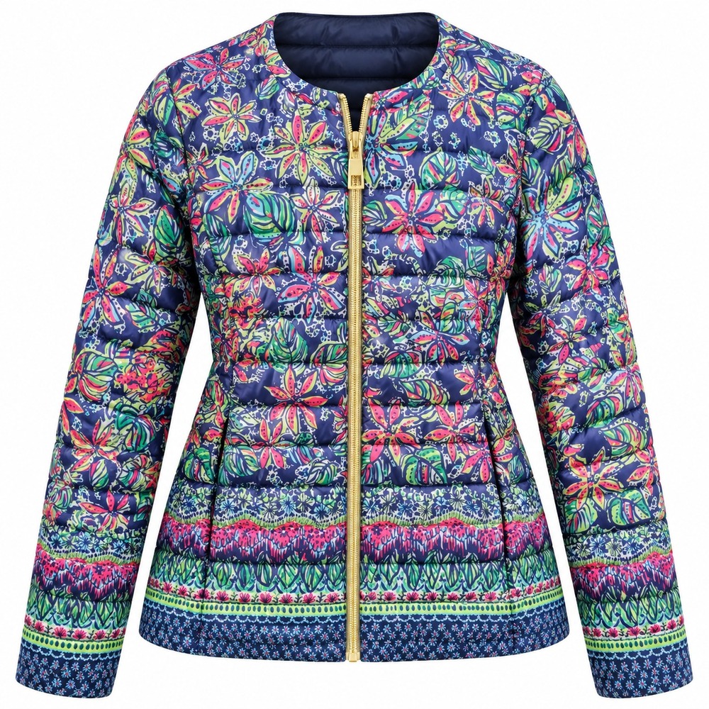 Lilly Pulitzer Lilah Reversible Down Puffer Jacket M Not Too Catty Navy Floral